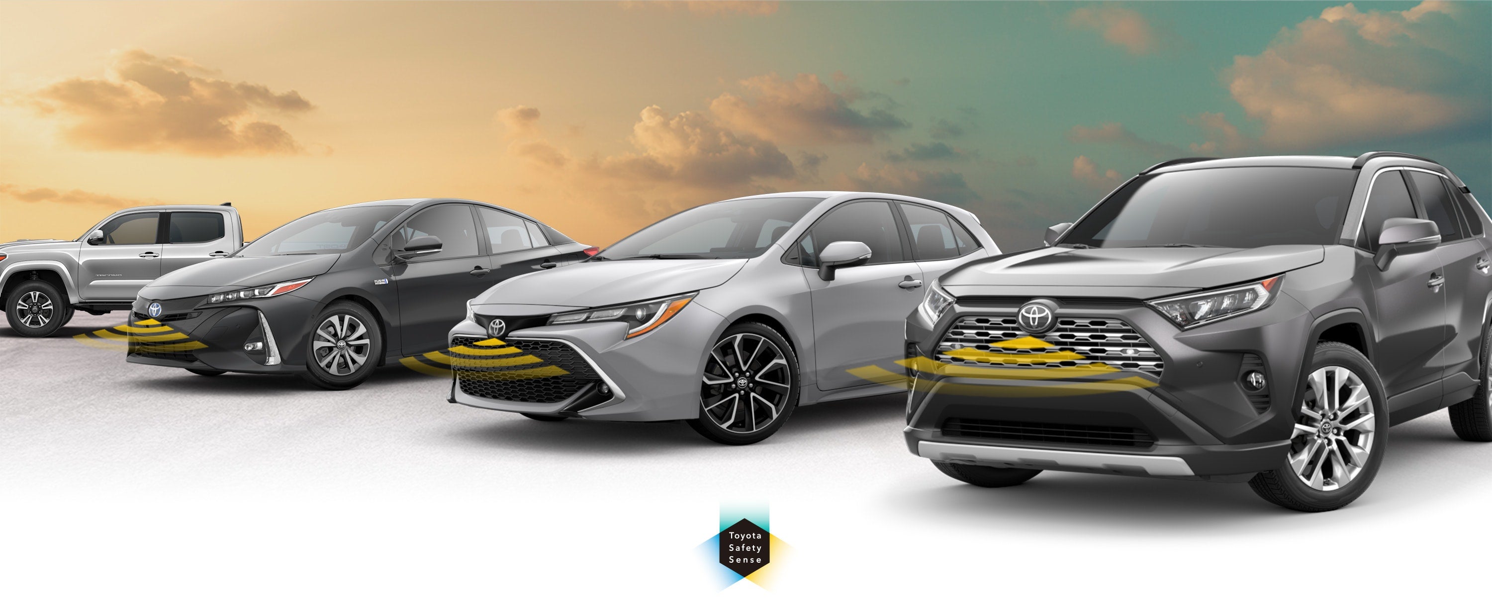 Toyota Safety Sense: Designed for Safety. Options shown on Toyota models including RAV4, Tacoma, and Camry, available now at Ballentine Toyota in Greenwood SC.